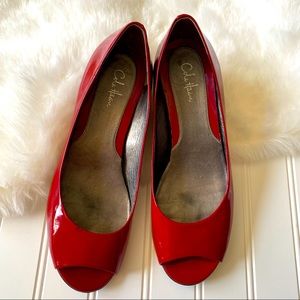 Cherry red Cole Haan Nike air wedge size 7 b peep toe patent leather.